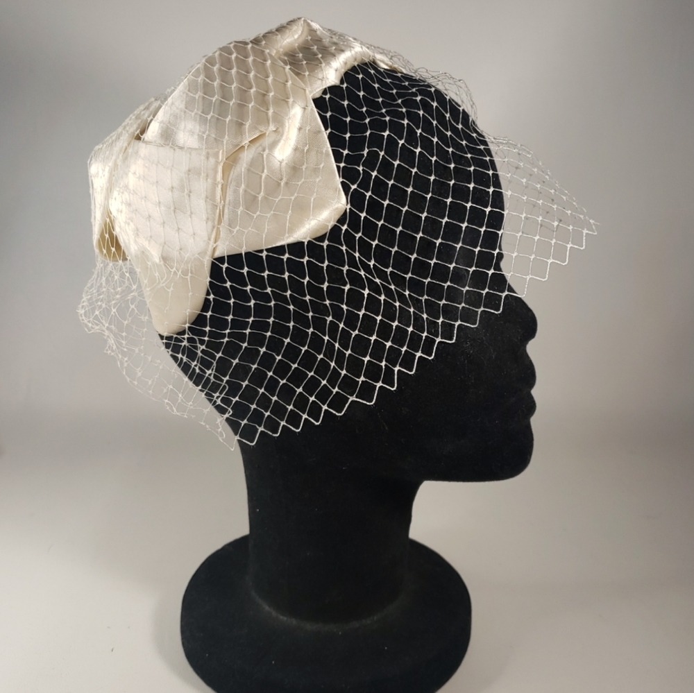 Ivory Satin Headband Hat with Netted Veil